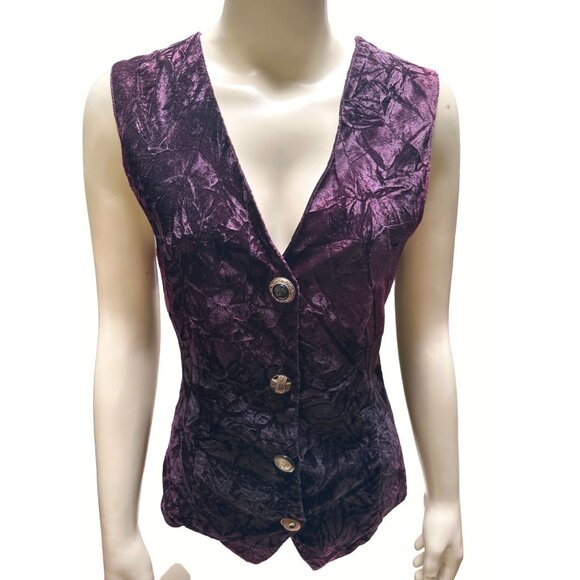 Clio Velvet Satin Sleeveless Vest Button Front Black Purple Size M - Picture 1 of 9